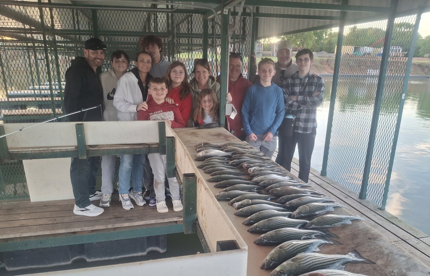 Large catch of striped bass displayed on fishing boat dock in Kingston OK