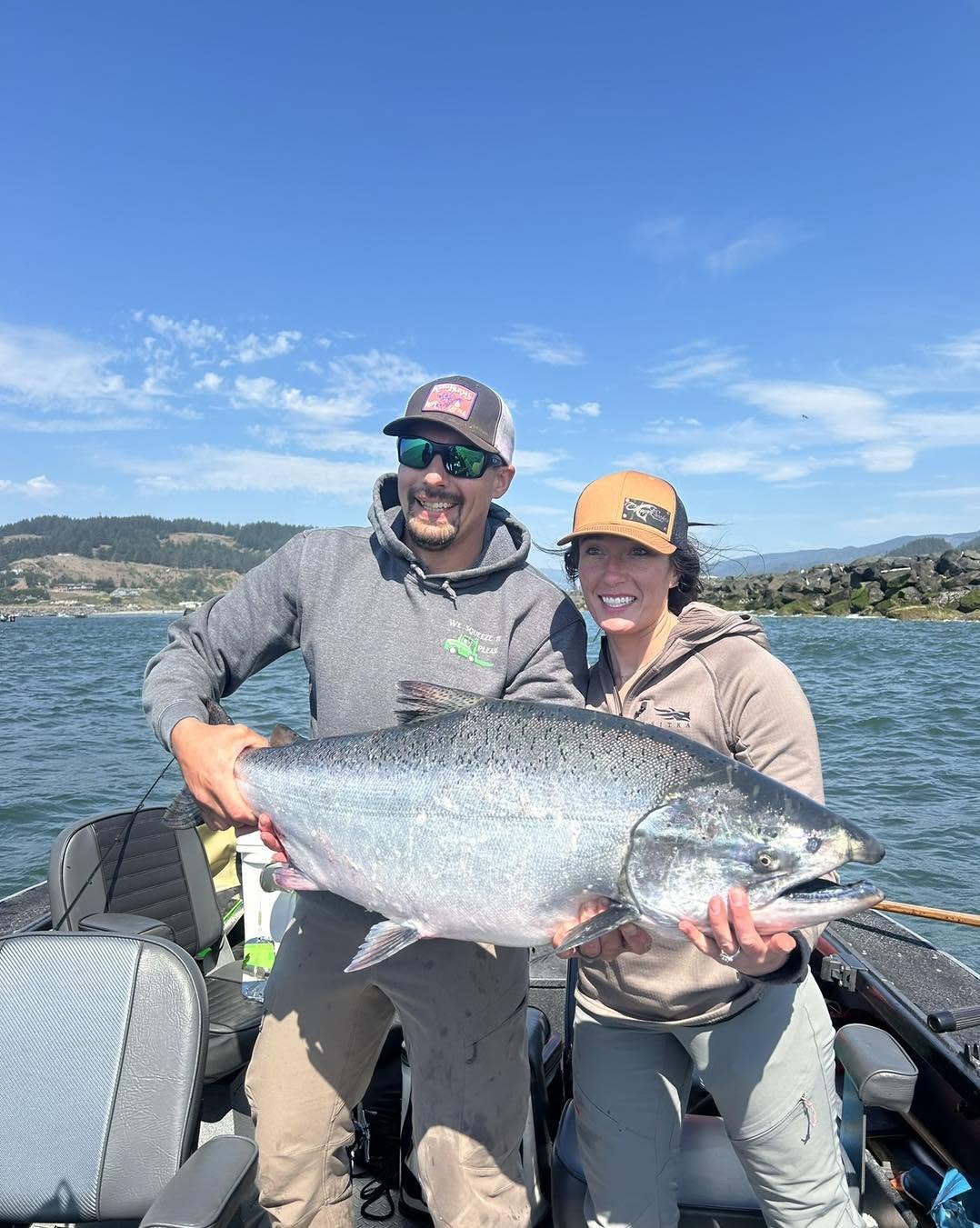 Large Chinook salmon catch displayed on fishing boat in Gold Beach Oregon waters
