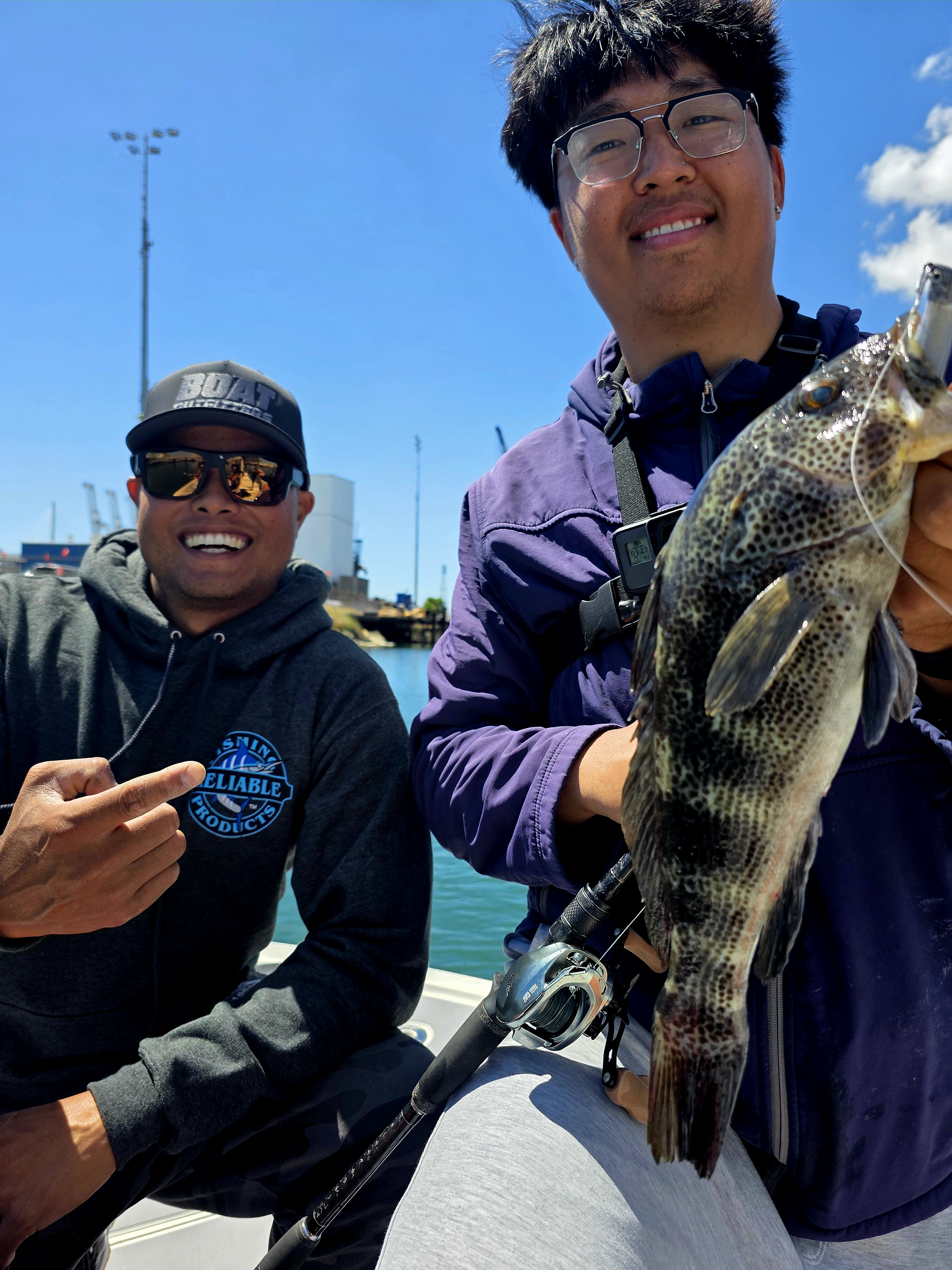 Fishing catch displaying large bass from Garden Grove CA waters