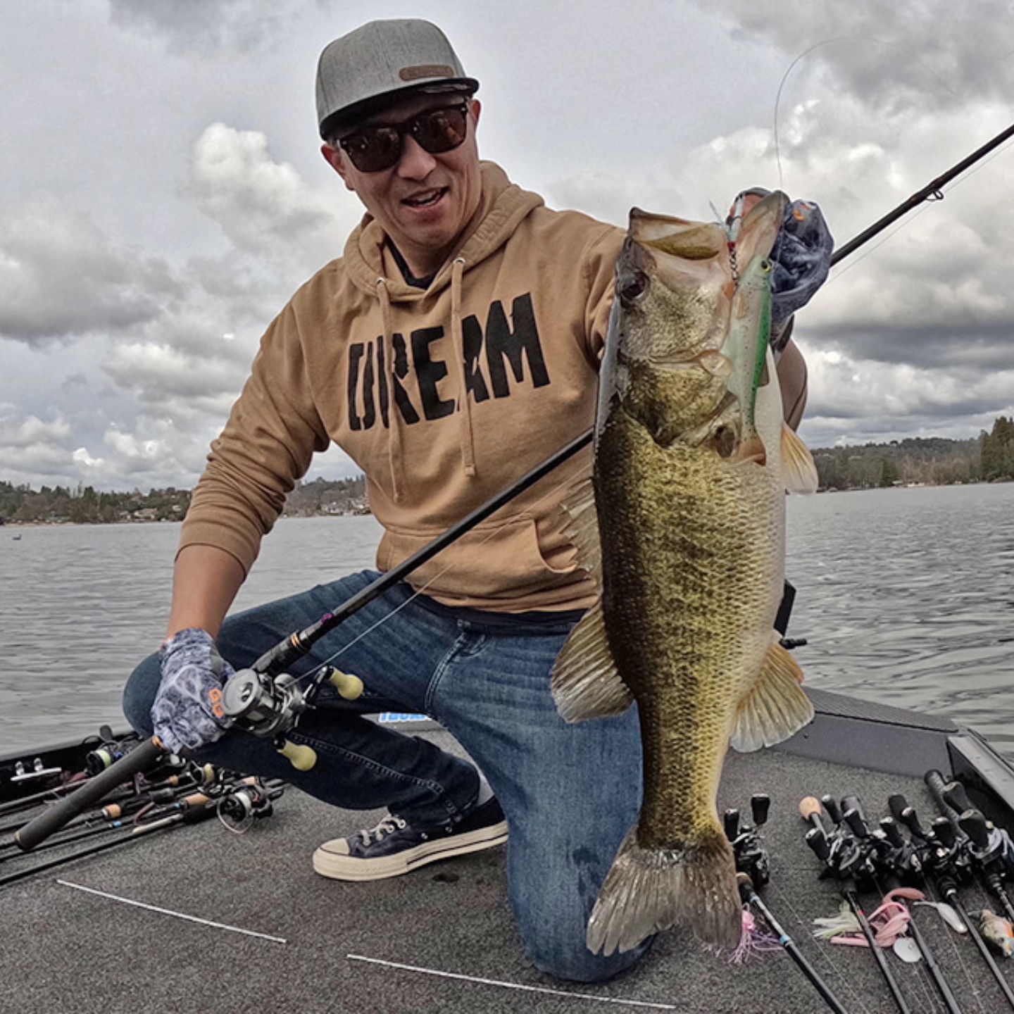 Large bass catch displayed on boat deck in Collinsville TX