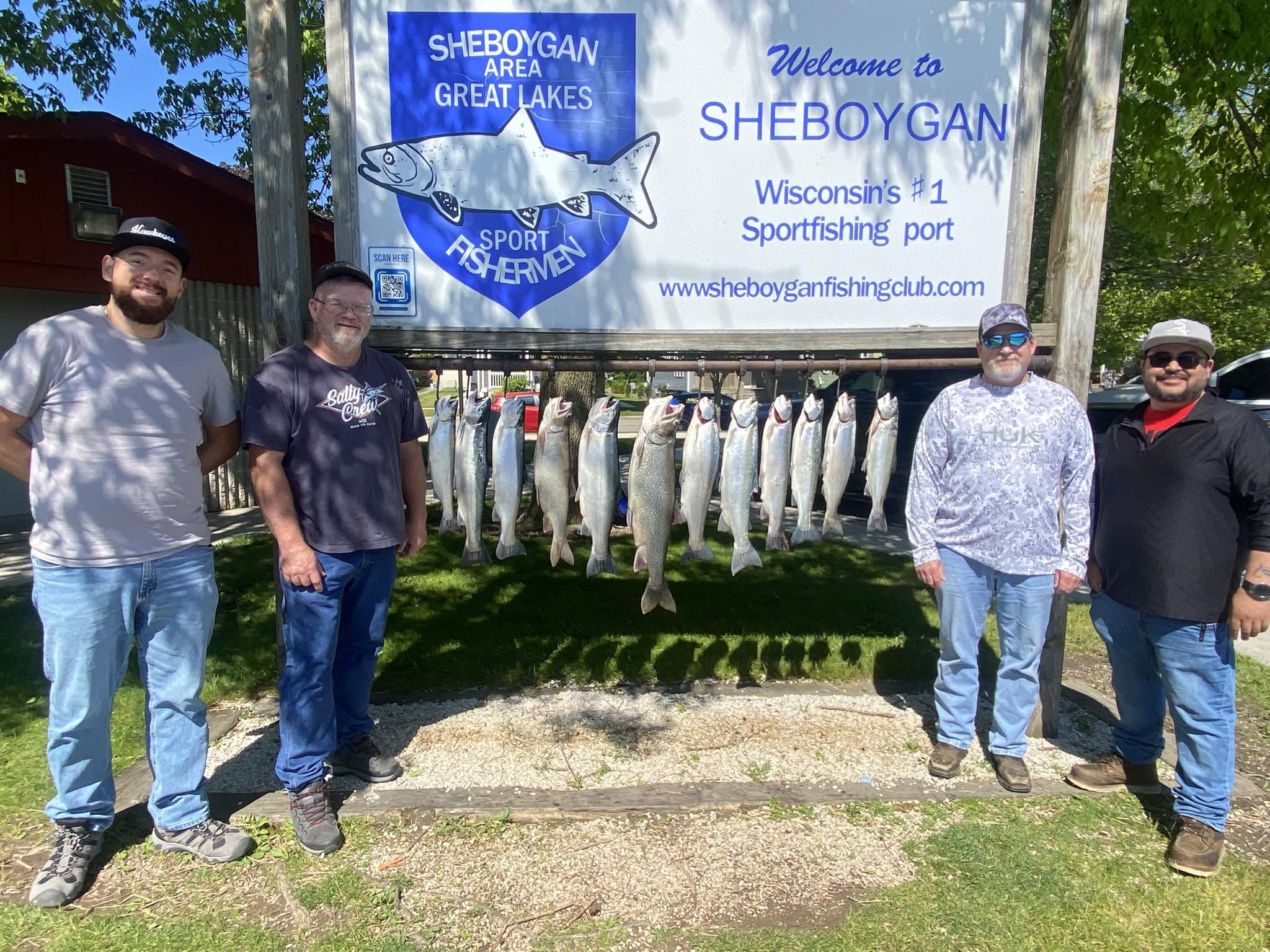 Fishing display showing multiple Coho Salmon and Lake Trout caught in Sheboygan Wisconsin