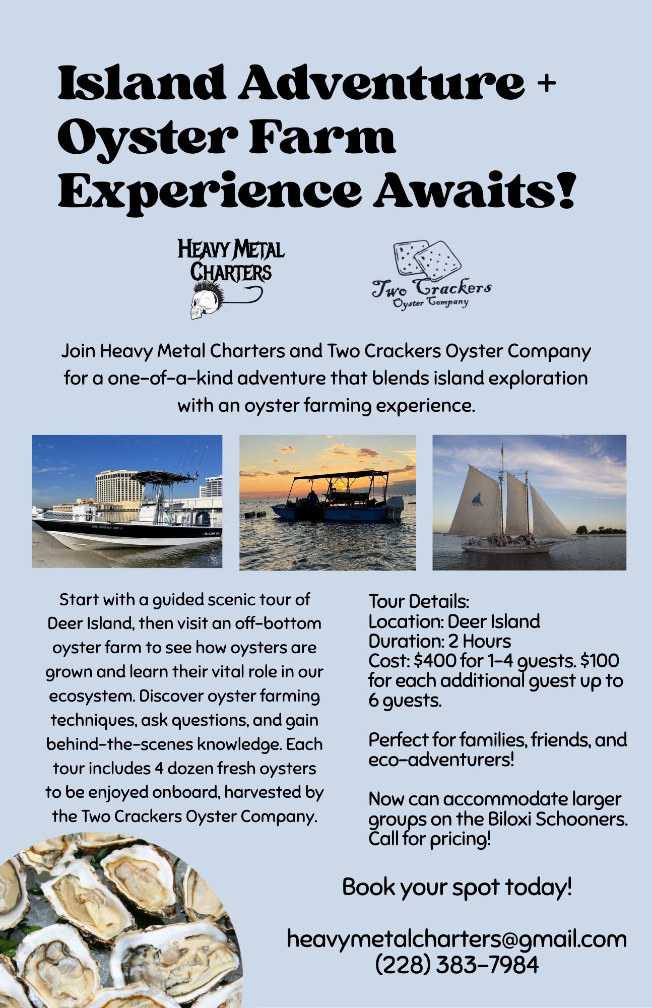 Island adventure and oyster farm experience promotional flyer featuring boats and fresh oysters in Biloxi MS