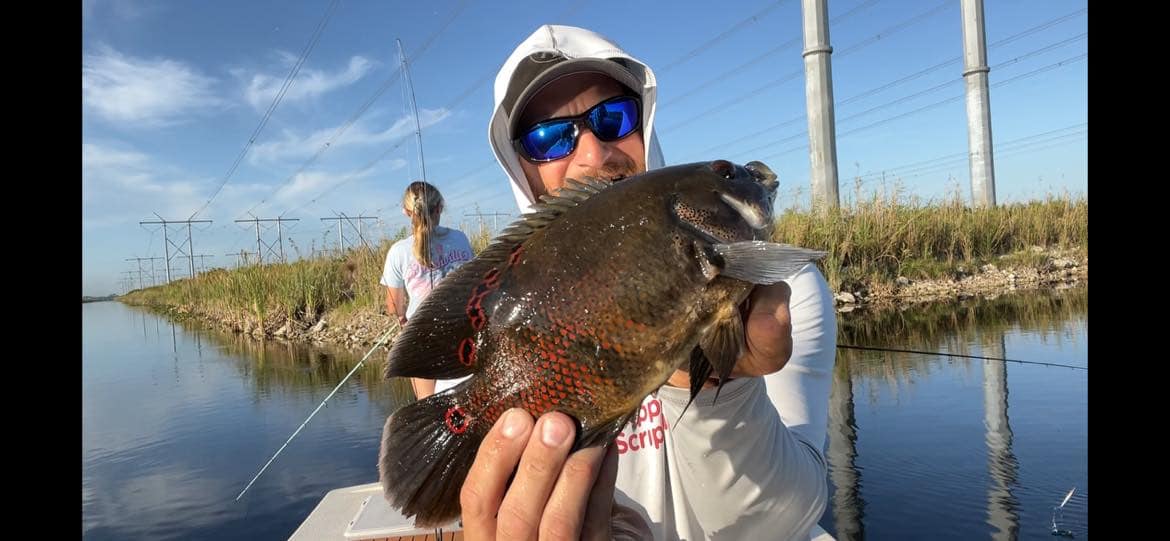 An angler holding a 15-inch Oscar fish in Fort Lauderdale