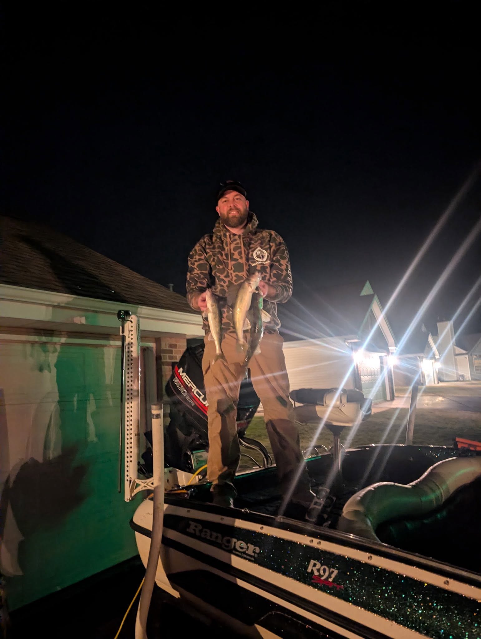 Fresh caught walleye displayed on fishing boat at night in Fort Atkinson Wisconsin