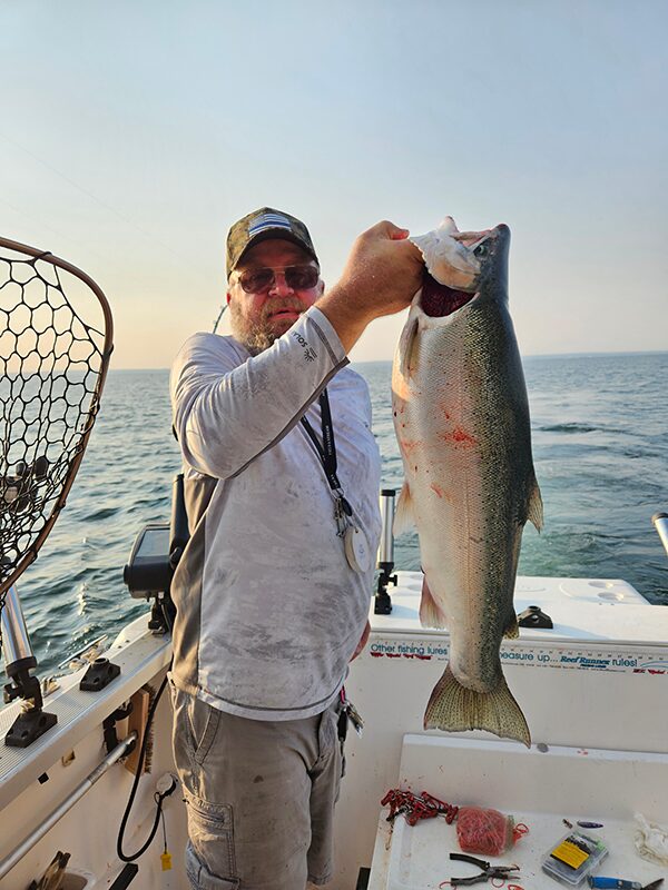 Coho salmon catch displayed on fishing boat in Erie PA