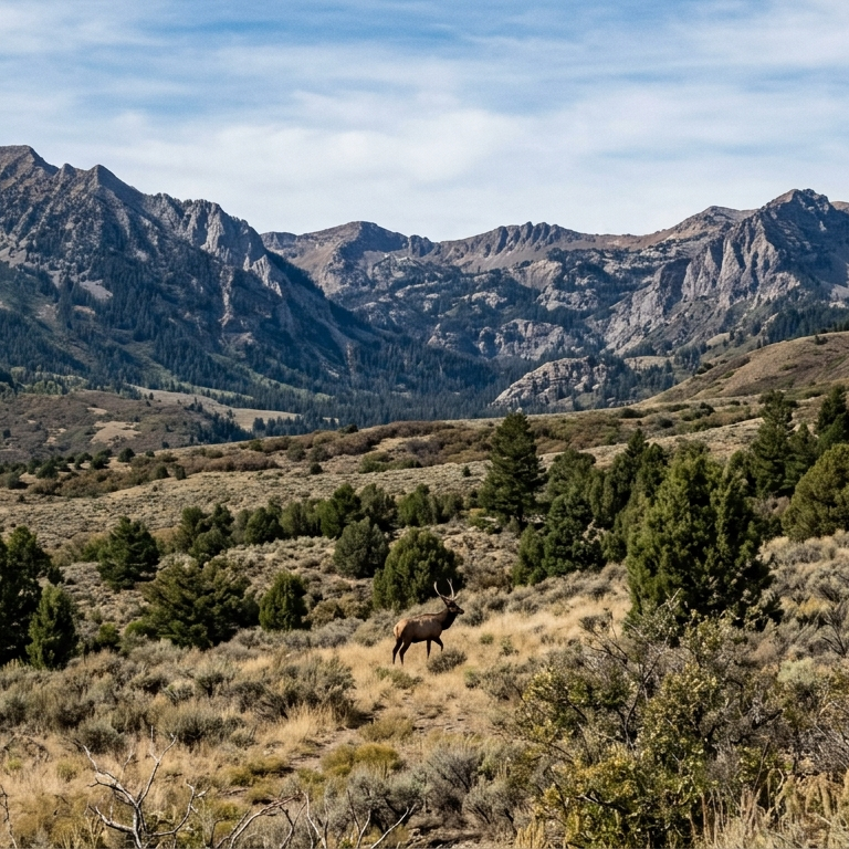 Two hunters with guide tracking spike bull and cow elk in Utah backcountry wilderness