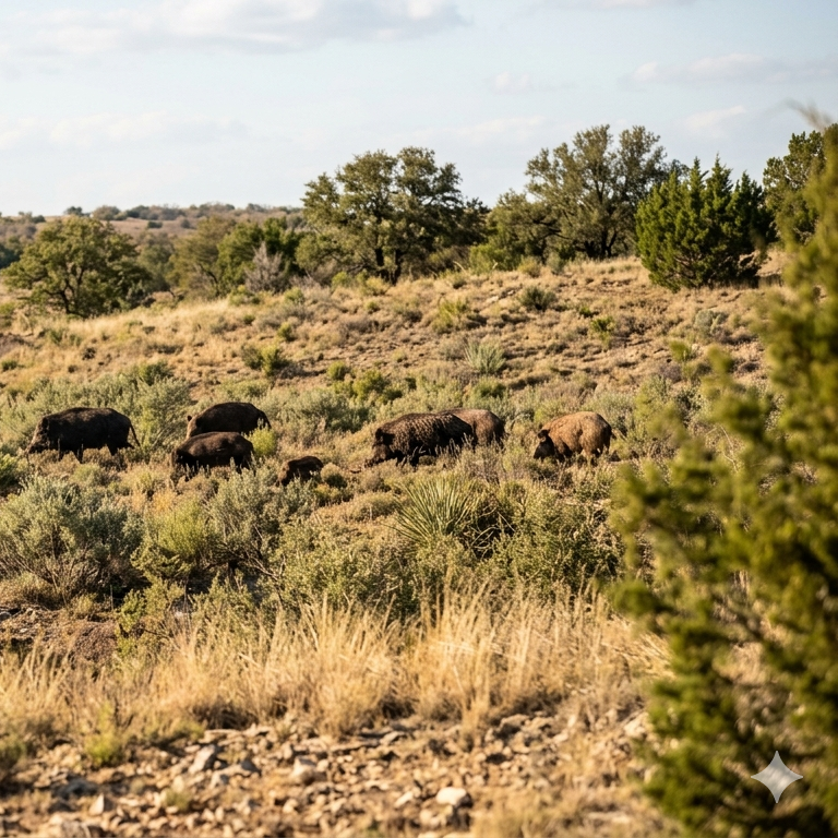 Texas hog hunting guide with rifle in field during spot and stalk wild boar hunt