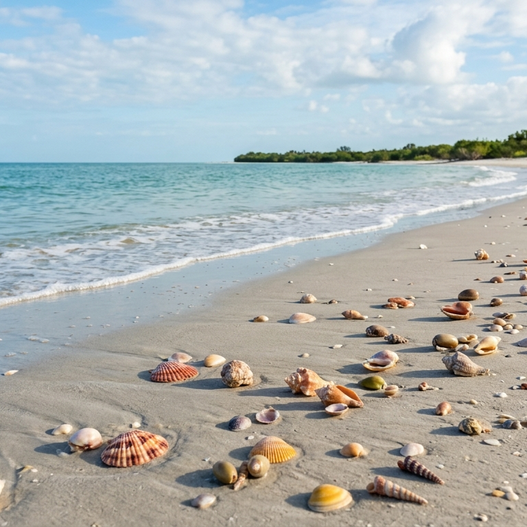 Marco Island shelling trip guide showing olives, tulips, whelks on Gulf Coast beach sandbar