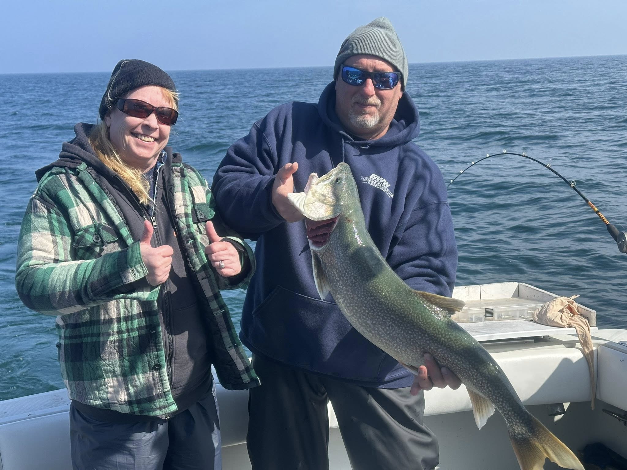 Lake trout catch displayed on fishing boat in Mexico NY waters