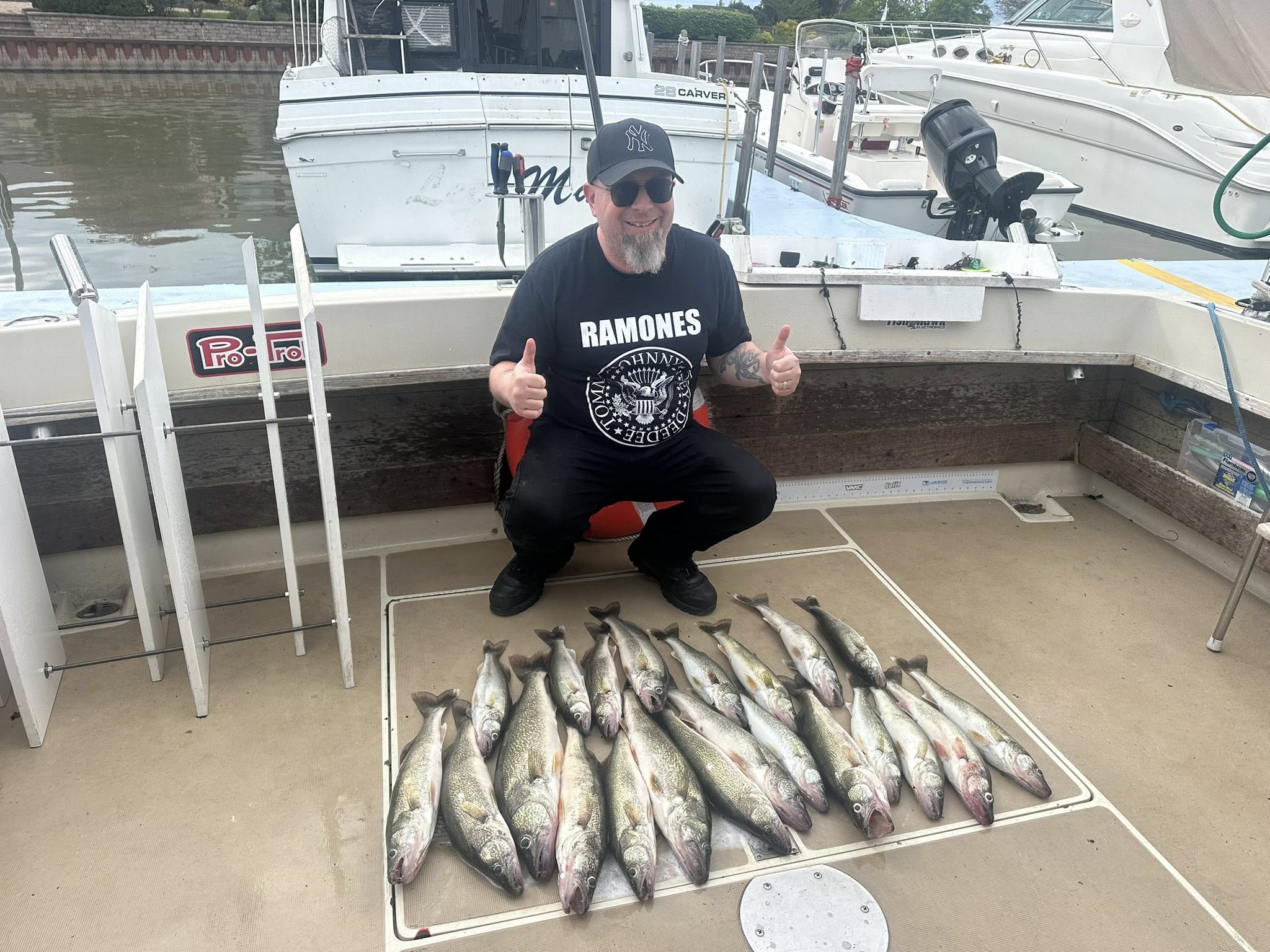 Large catch of walleye fish displayed on boat deck in Mexico NY