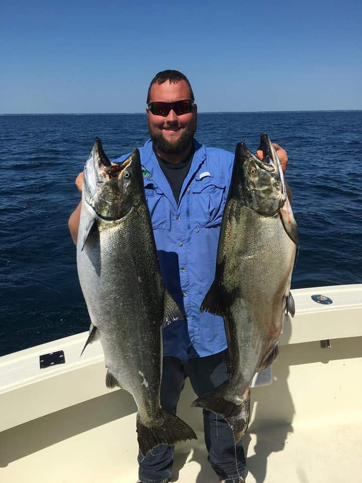Racine Wisconsin guided salmon fishing charter boat on Lake Michigan with fishing gear