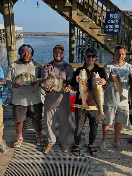 Successful fishing trip in Slidell Louisiana with redfish and sheepshead catch displayed on dock