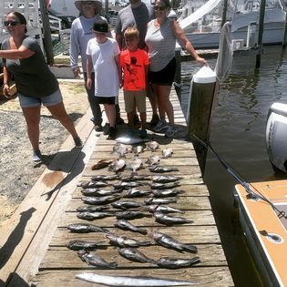 Four people enjoying a fishing and hunting adventure in Manteo.