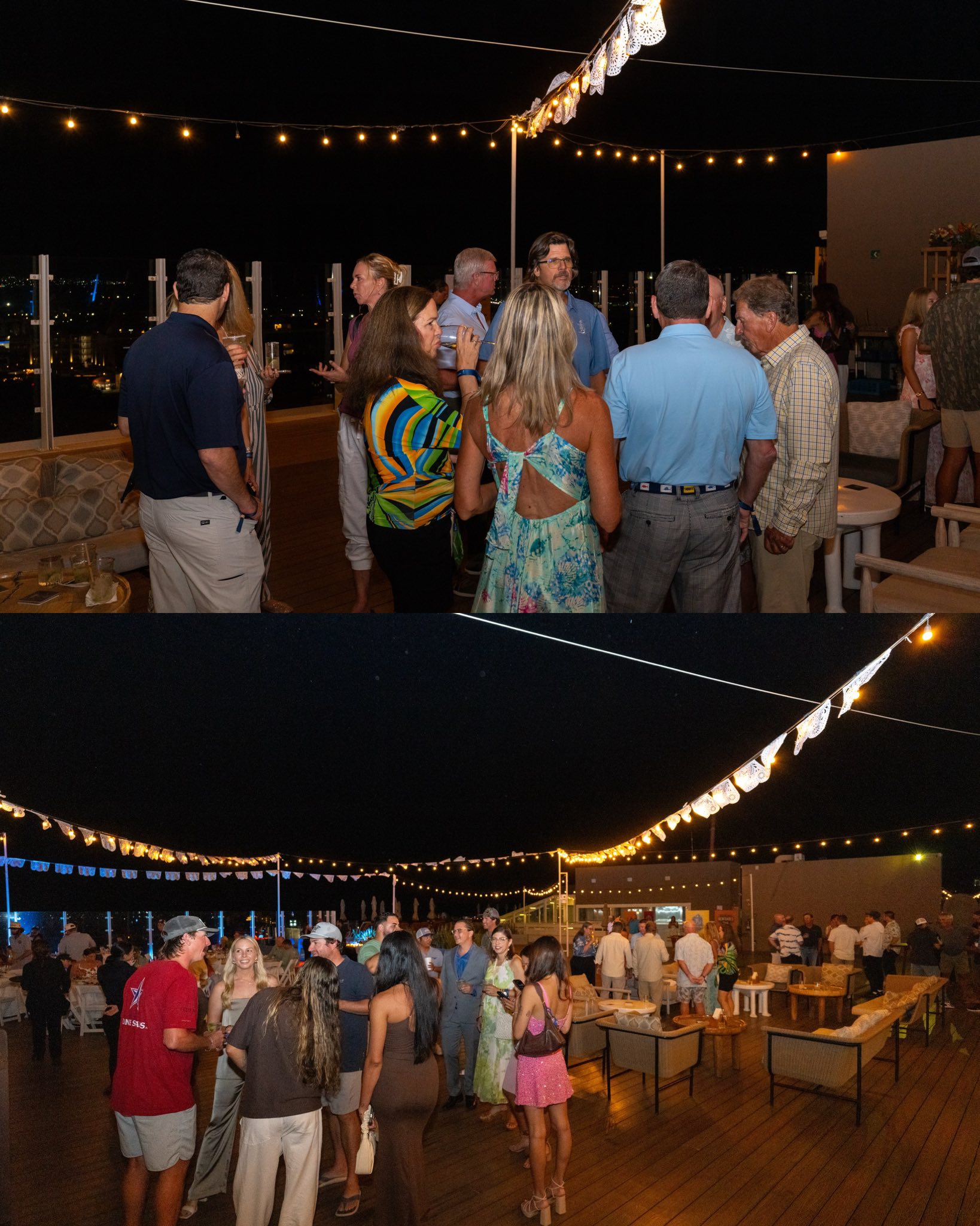 Evening fishing celebration with mahi mahi catch on outdoor deck with string lights