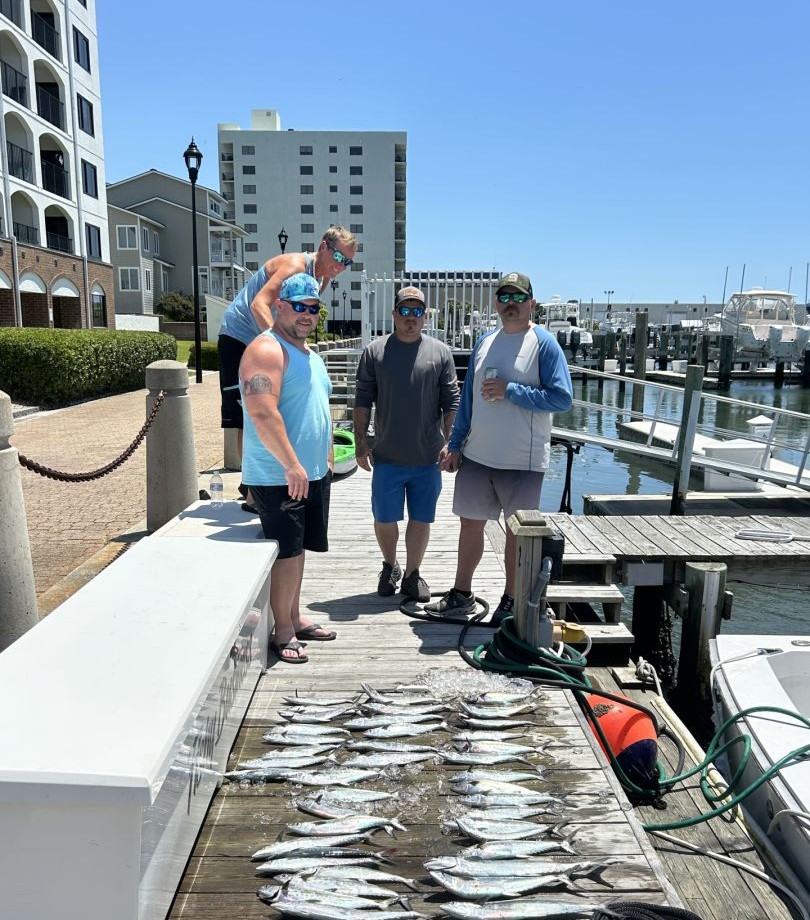 Fresh caught fish displayed on wooden dock in Morehead City NC marina