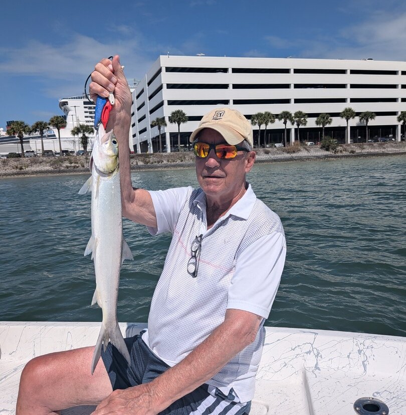 Fresh caught ladyfish held up on fishing boat in Port Canaveral FL waters