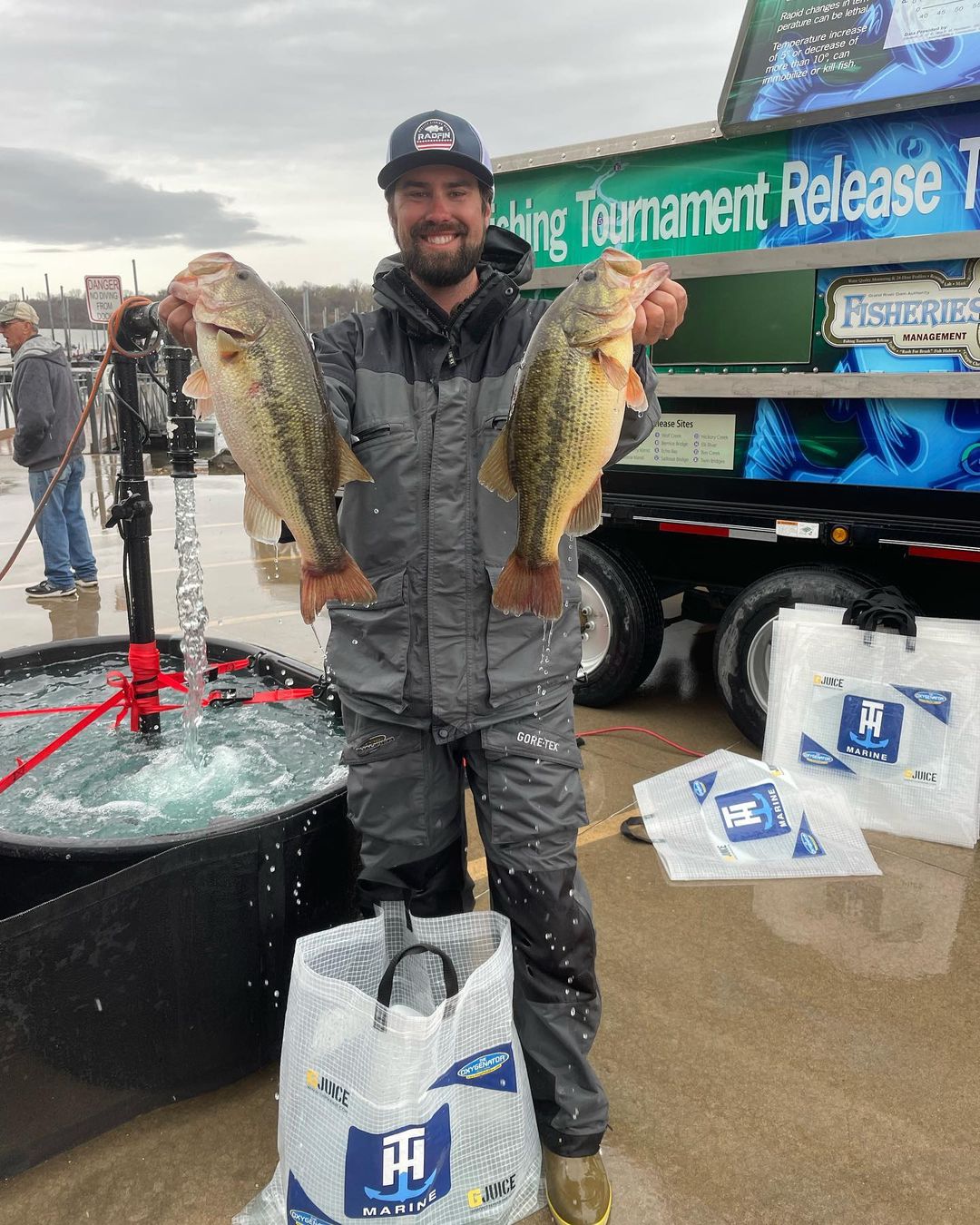 Two largemouth bass caught while fishing in MO