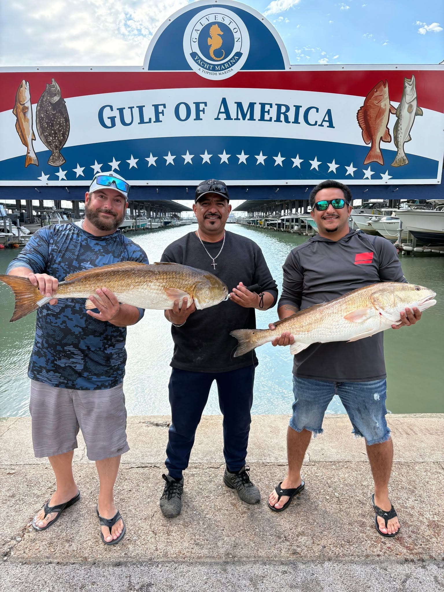Redfish and Southern Flounder fishing catch displayed at Galveston TX marina