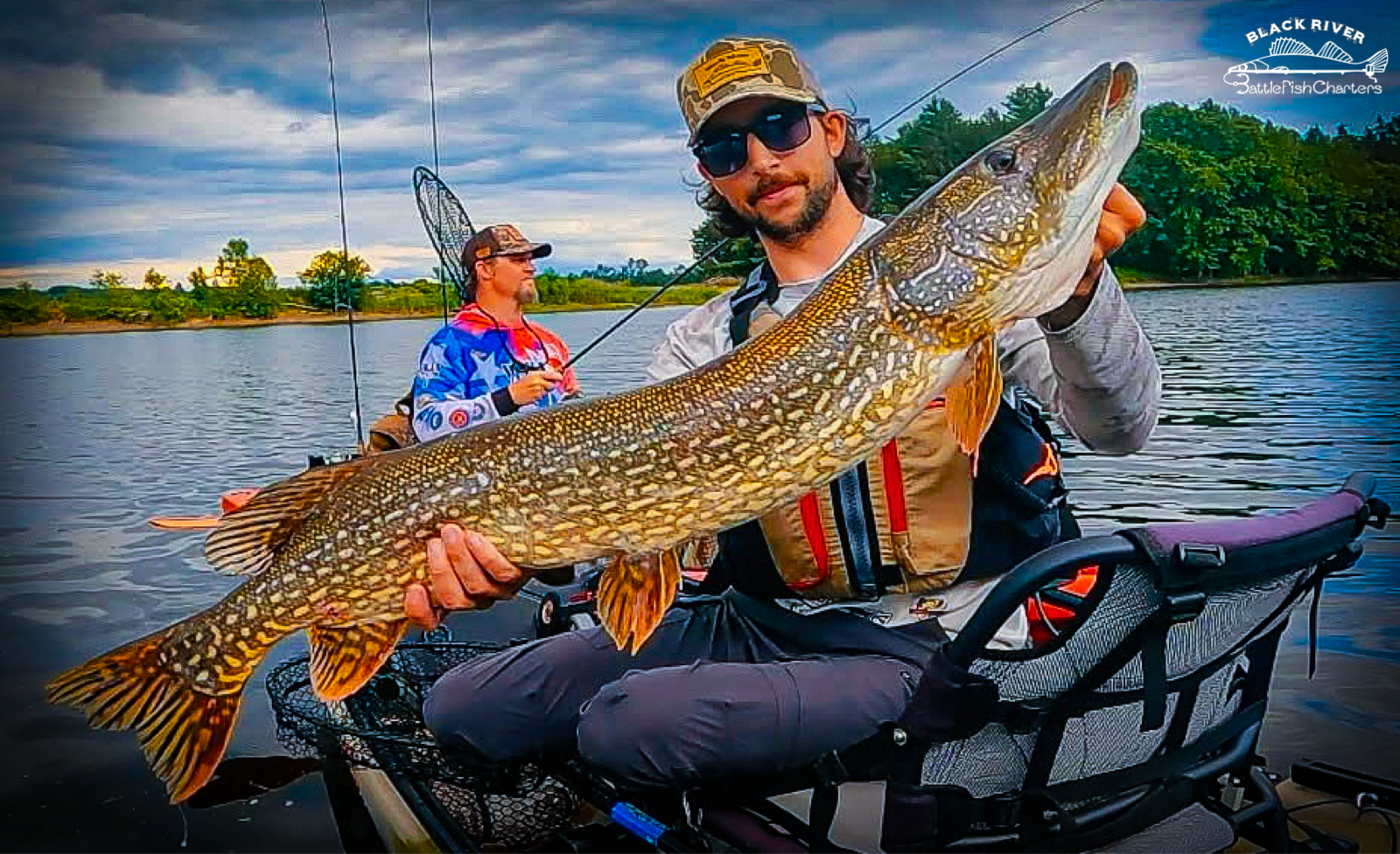 Guided kayak fishing trip on Black River NY targeting Northern Pike, Walleye, Smallmouth Bass
