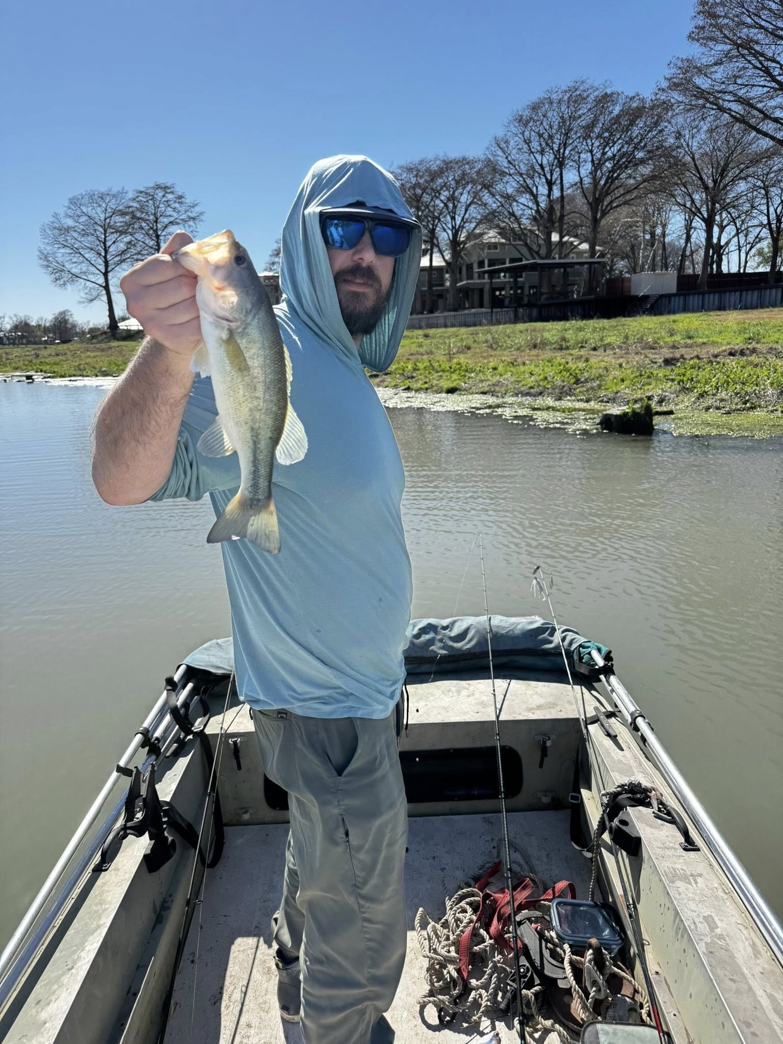 Bass caught while fishing from boat in New Braunfels TX