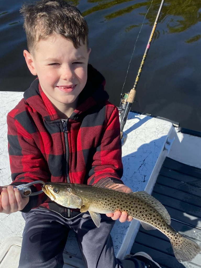 Photograph of a spotted weakfish, 14 inches long, caught in Punta Gorda