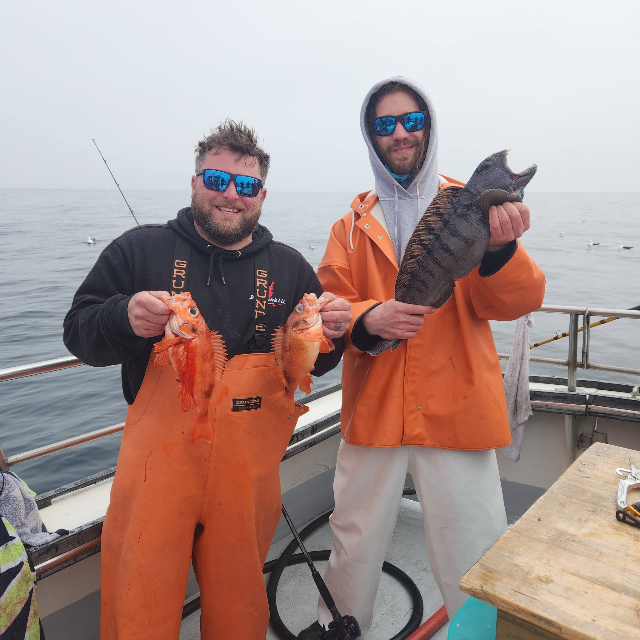 Two anglers display freshly caught Vermilion Rockfish on fishing boat deck in Rye NH