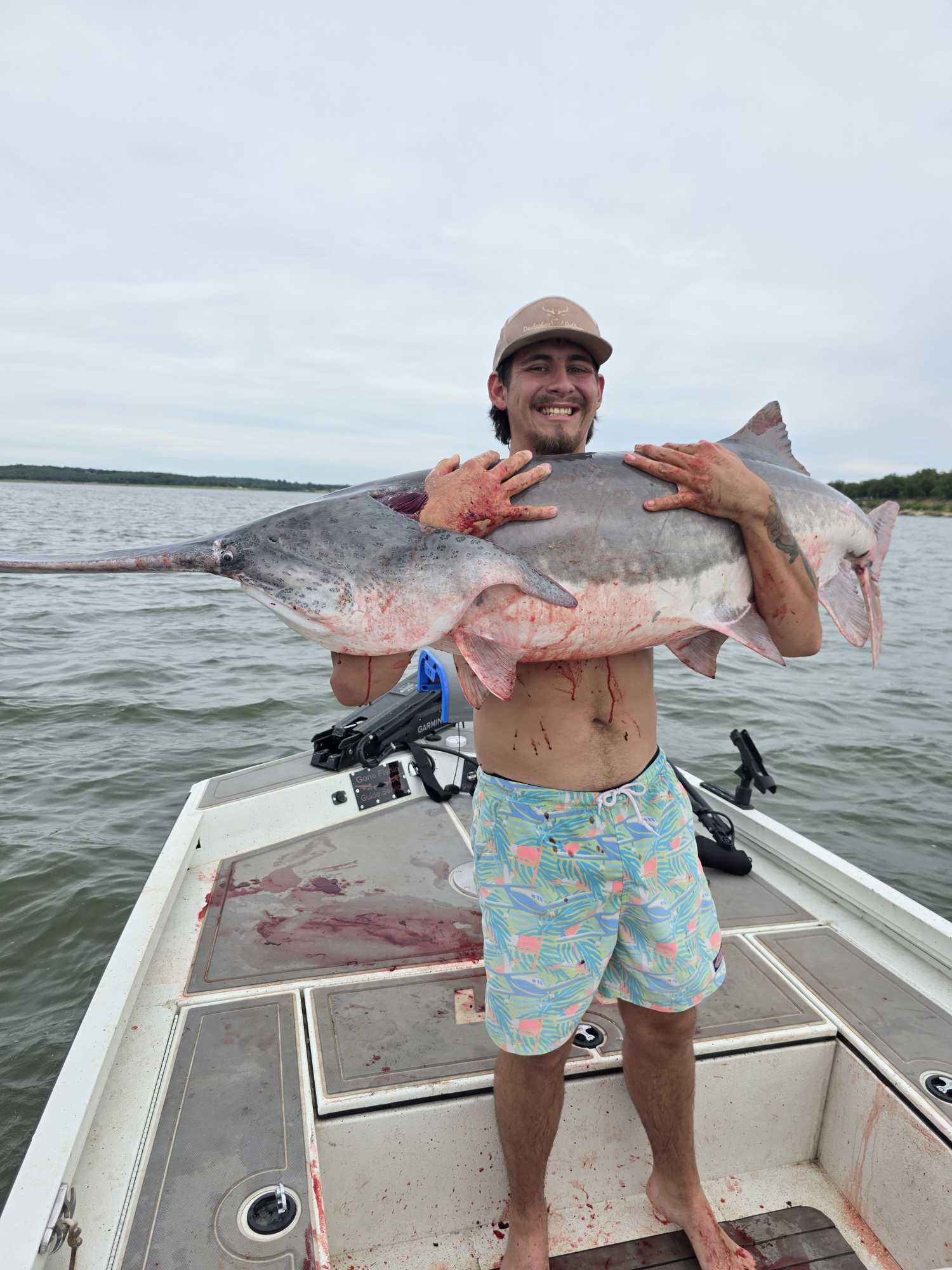 Large catfish catch displayed on fishing boat in Glencoe Oklahoma waters