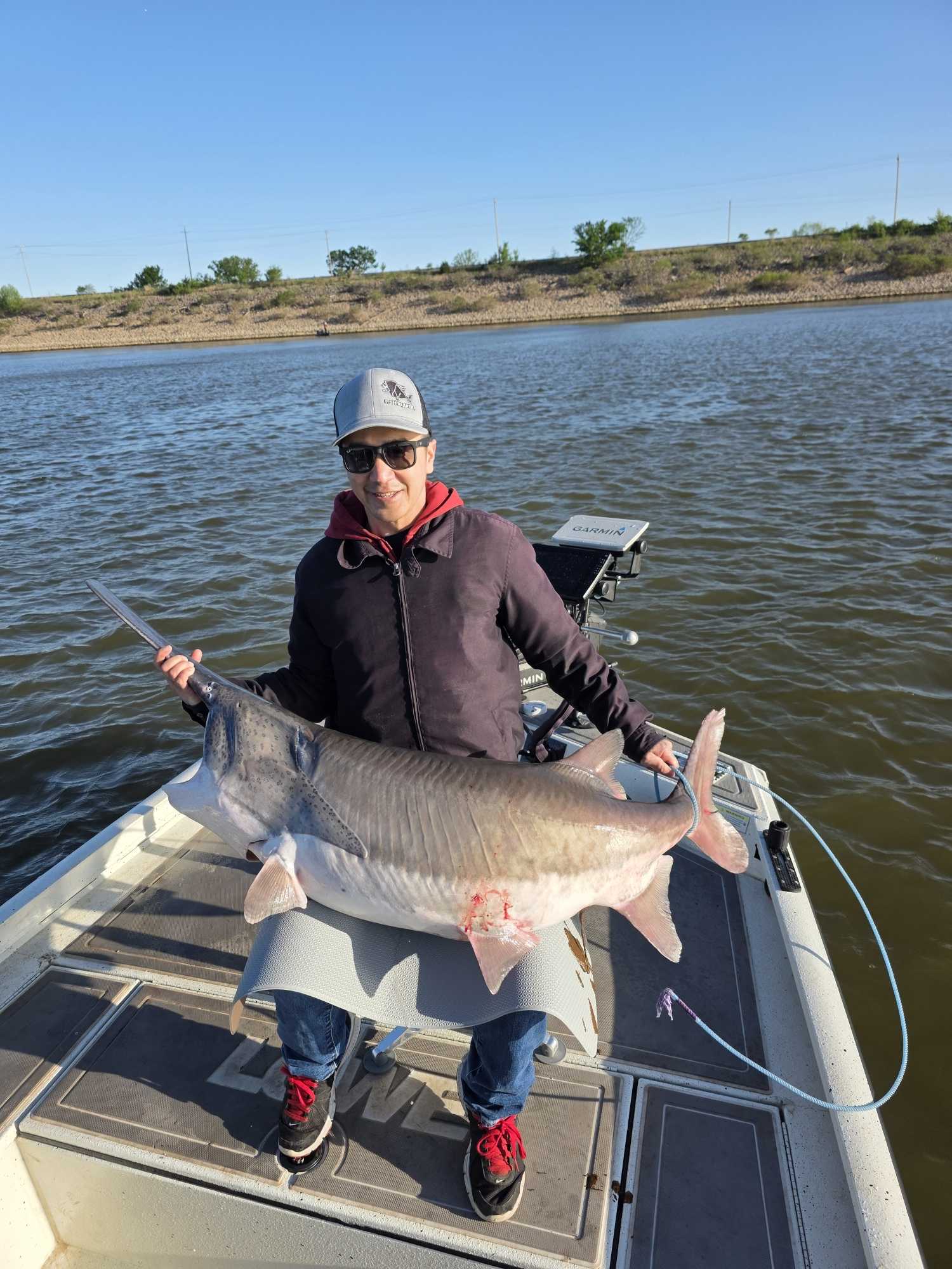 Large Lake Sturgeon caught while fishing in Glencoe OK on boat