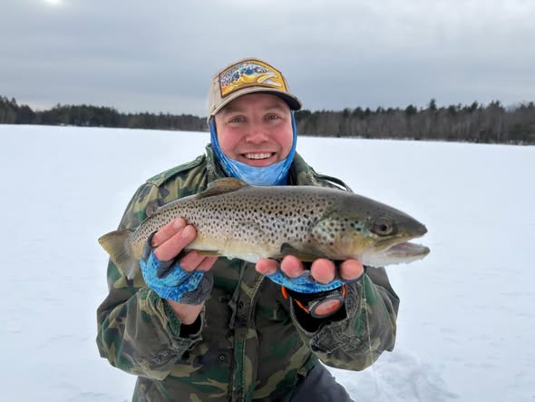 Brown trout caught ice fishing in Poland ME during winter