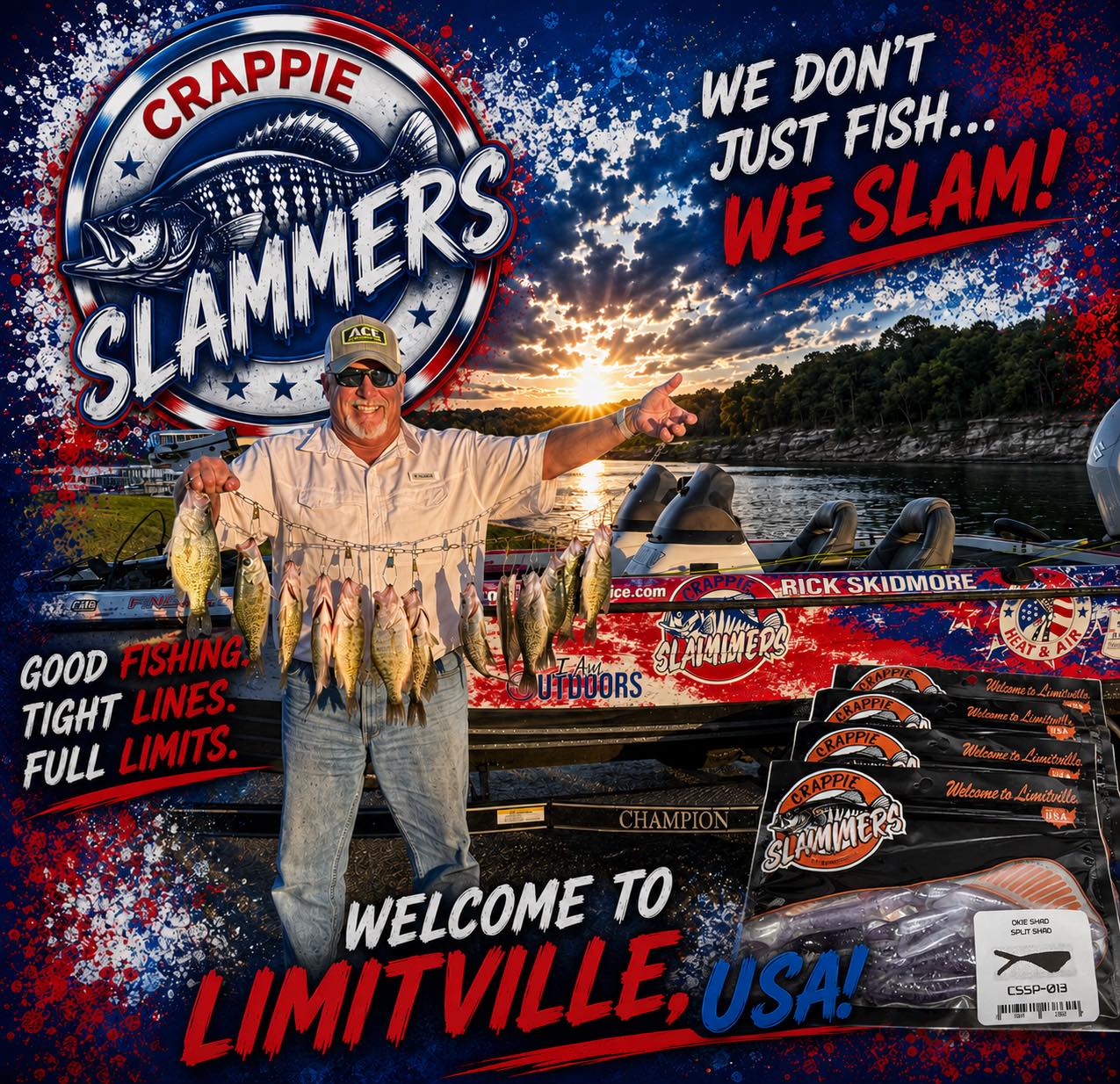 Fishing guide holding multiple crappie fish at lake in Kimberling City MO with boat and sunset background