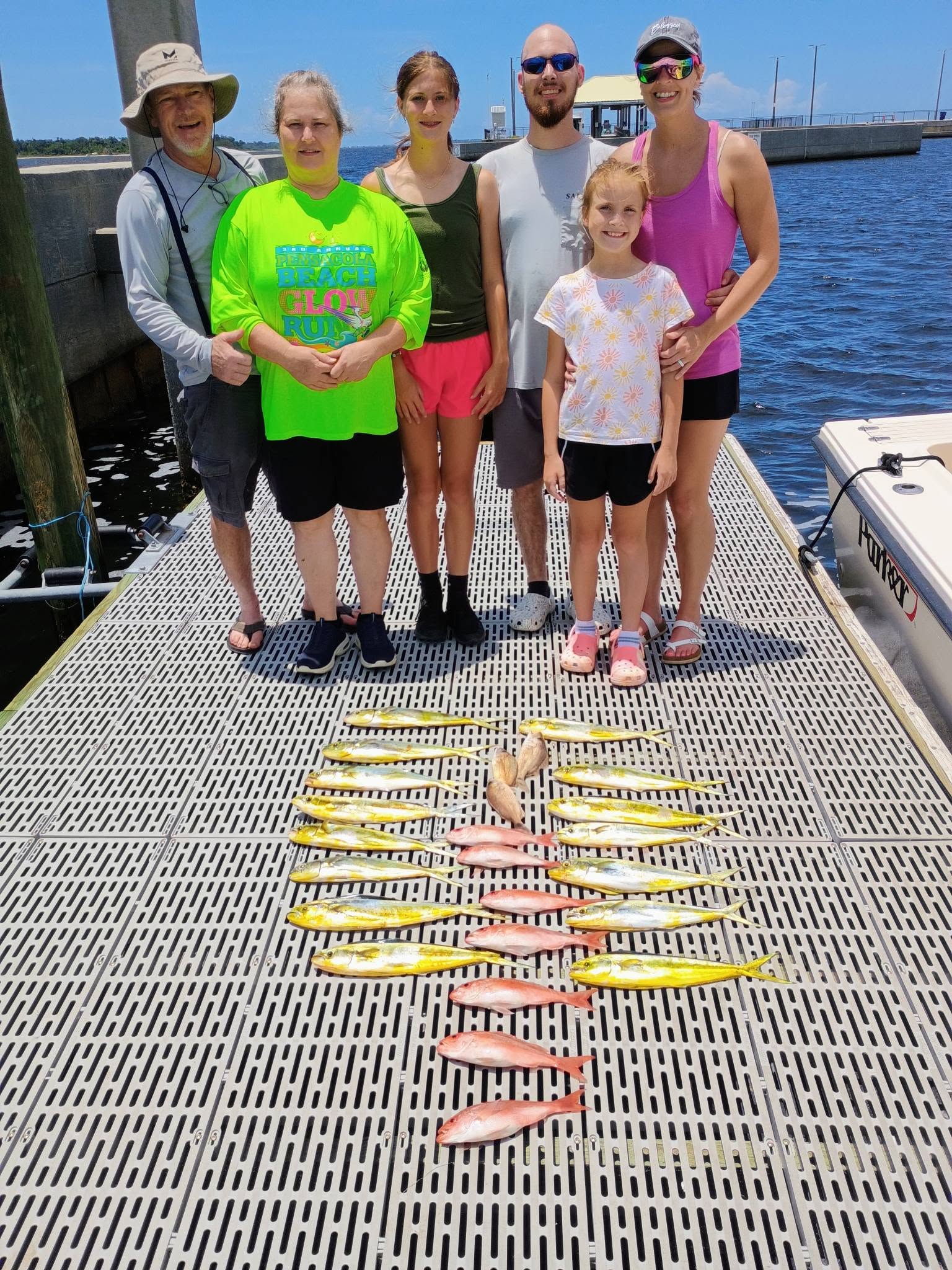 Successful fishing trip in Panama City FL showing caught mahi mahi and other fish on boat dock