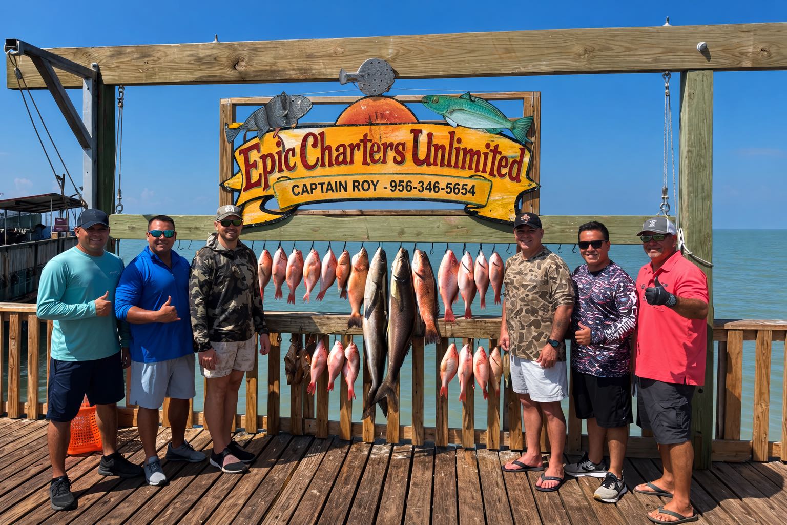 Fishing charter catch display showing red snapper and other fish hanging from dock in Port Isabel TX