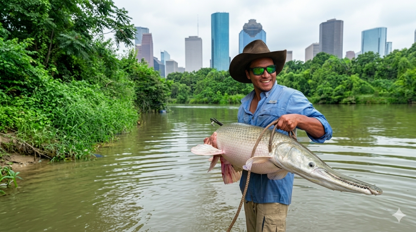 Alligator gar catch from fishing in Houston TX waters with city skyline background