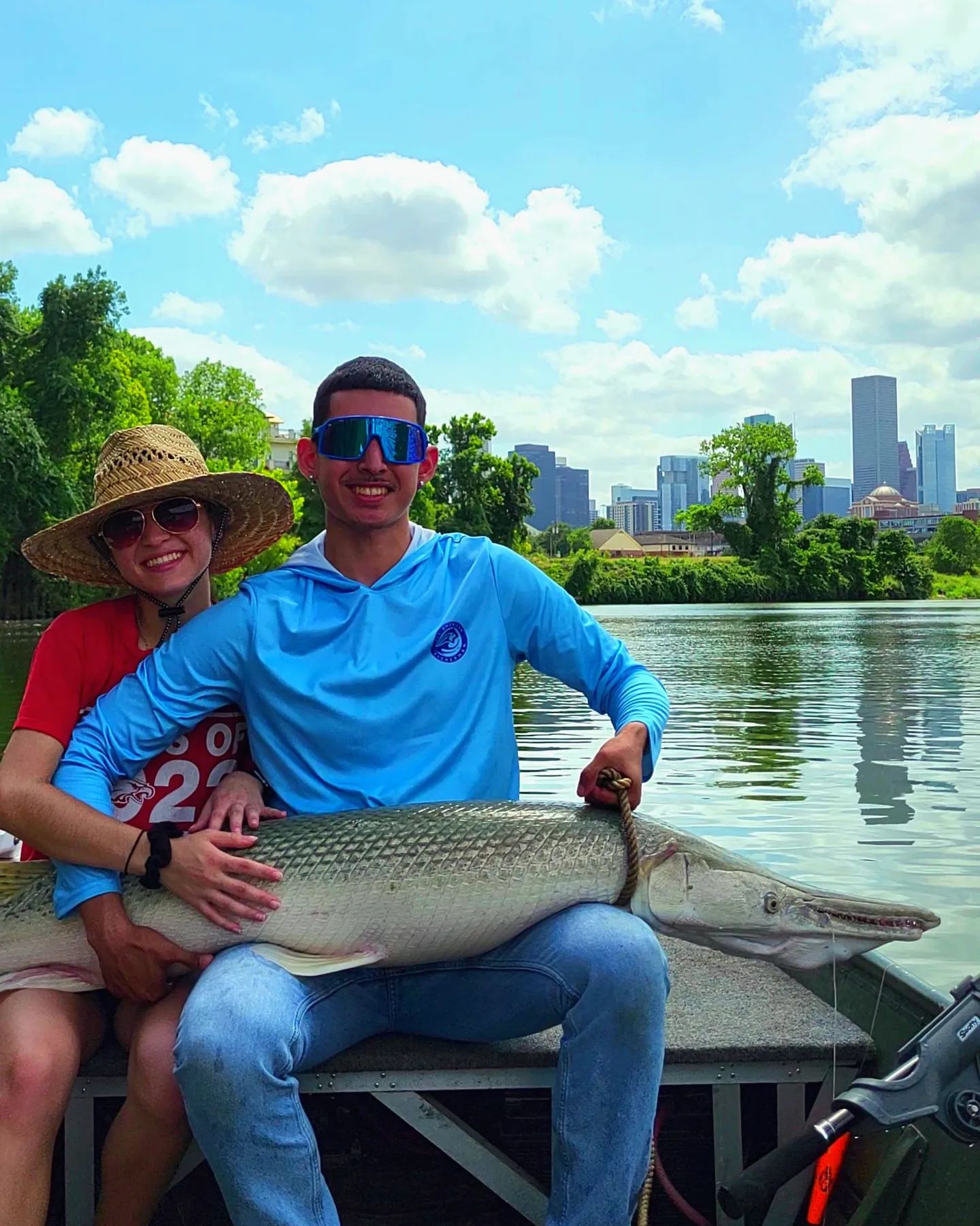 Houston Buffalo Bayou alligator gar fishing charter boat on urban waterway guided trip
