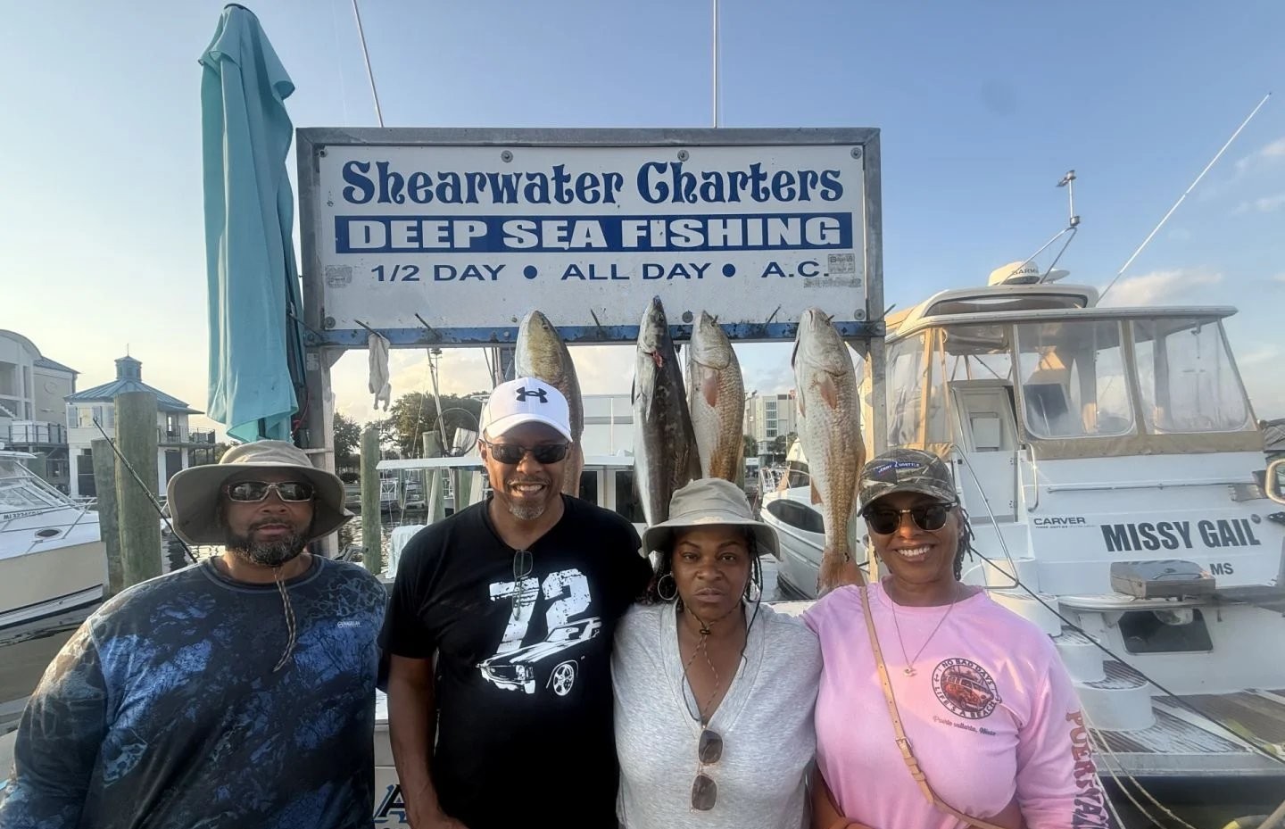 Fresh caught redfish displayed at Shearwater Charters deep sea fishing dock in Biloxi MS