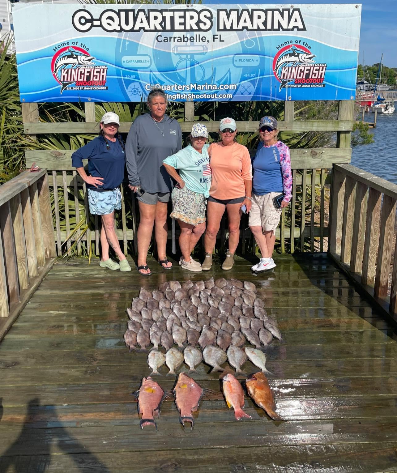 Fishing charter catch display showing multiple hogfish and other species at C-Quarters Marina in Carrabelle, Florida