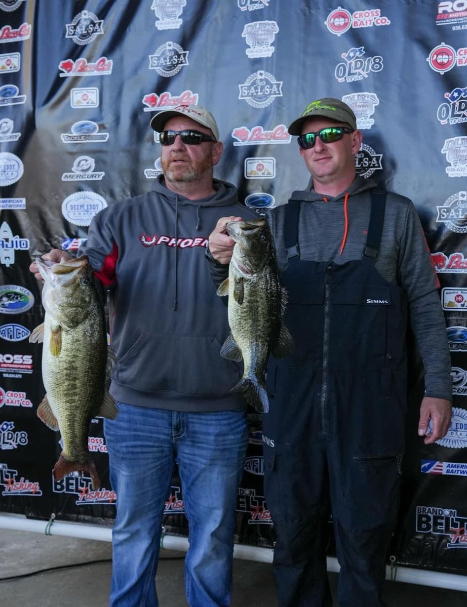 Two largemouth bass caught while fishing in Brookeland