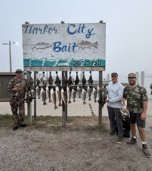 Fishing charter display showing multiple caught fish hanging from cleaning station in Rockport TX