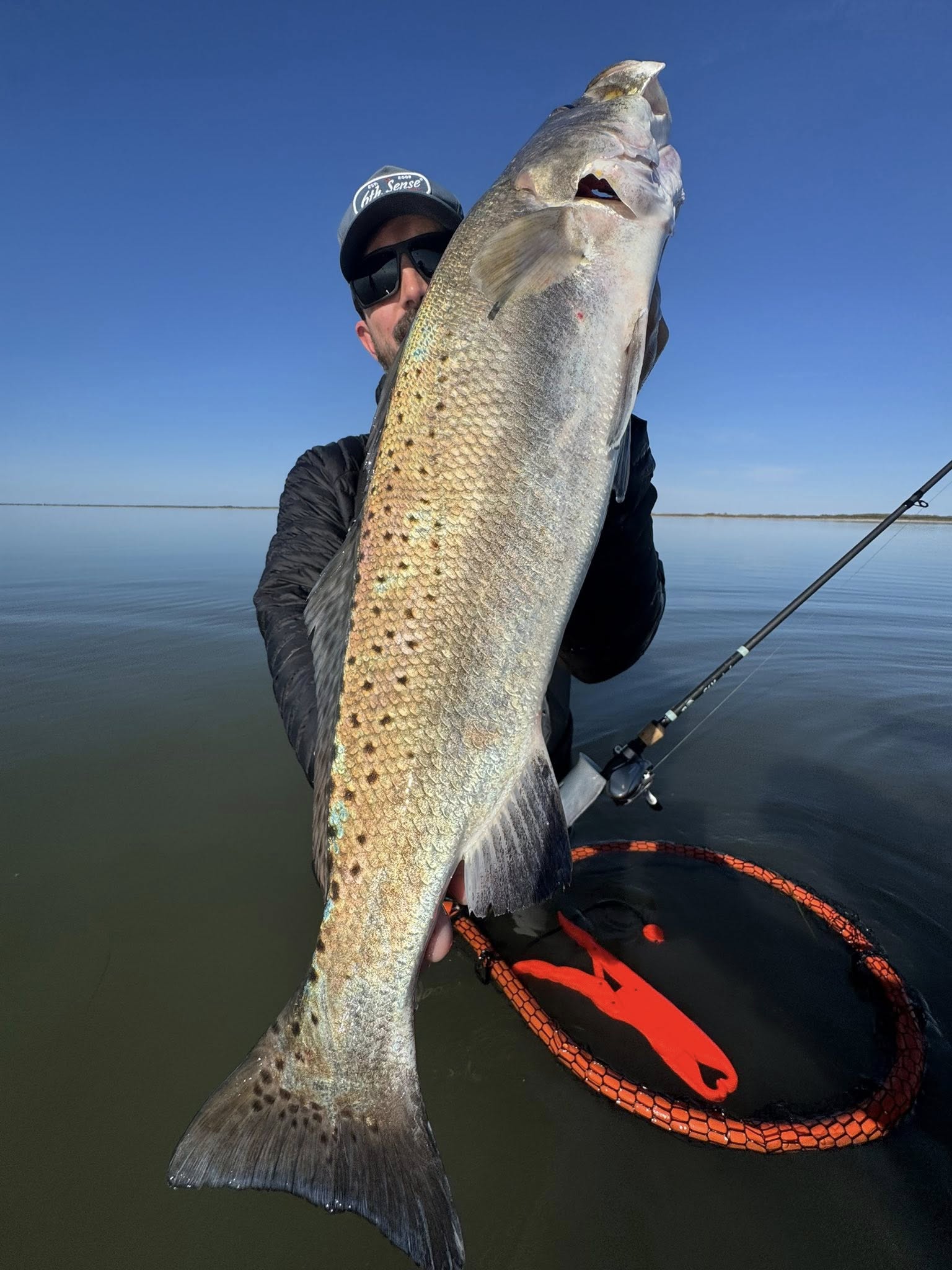 Large speckled trout caught fishing in Corpus Christi TX with fishing rod and net visible