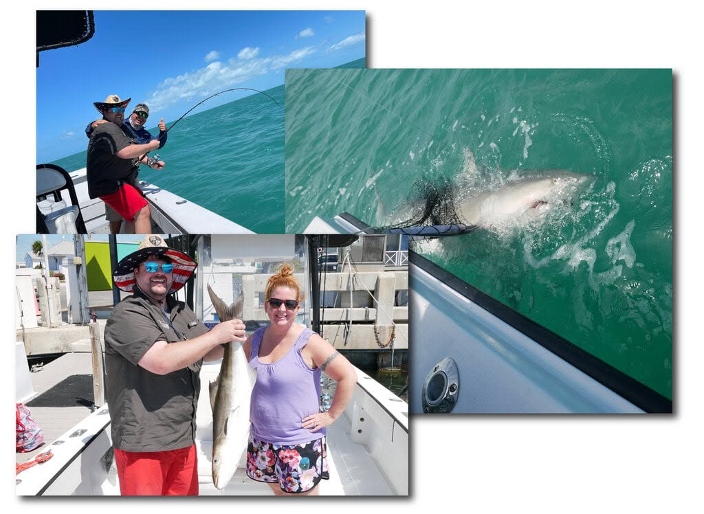 Fishing adventure in Key West FL showing angler with bent rod and shark near boat