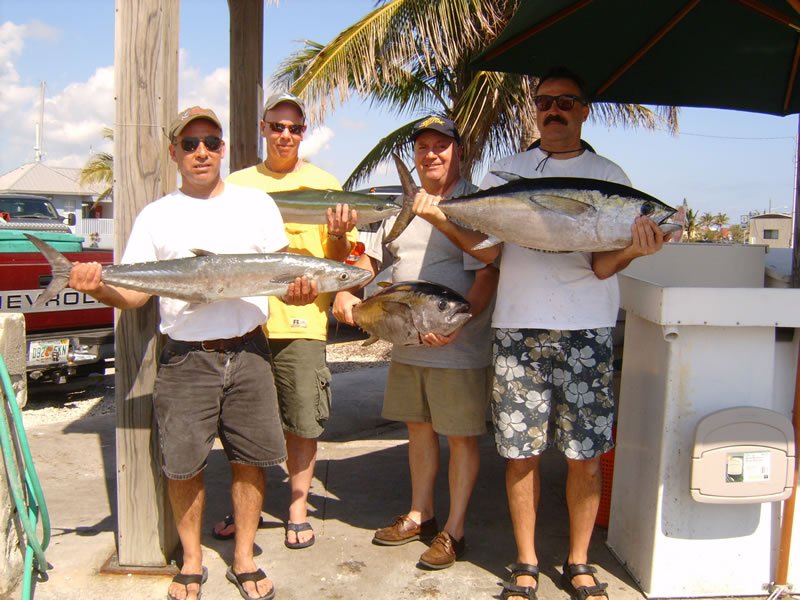 Four anglers displaying their catch of blackfin tuna and king mackerel at Key West FL fishing dock