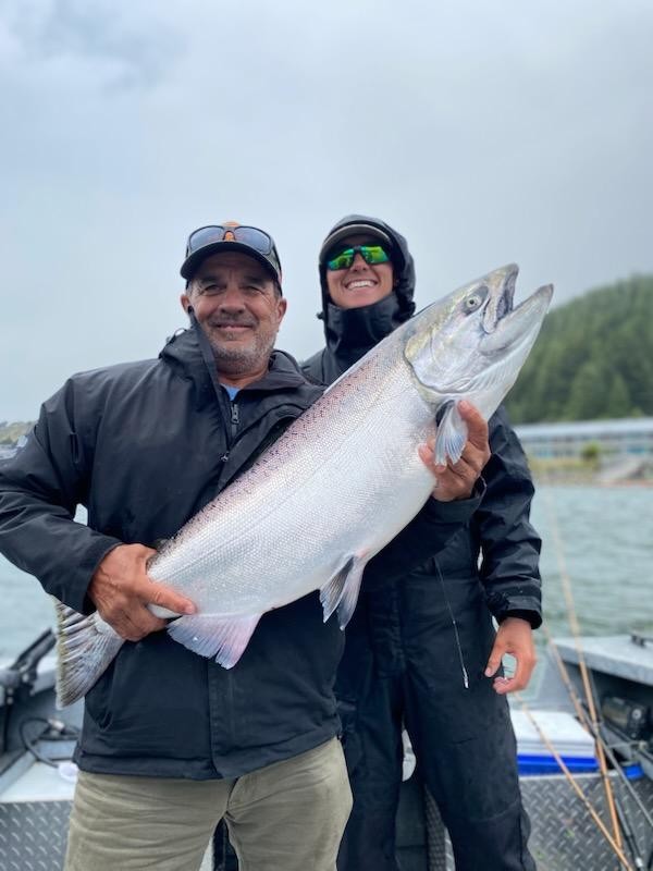 Fresh caught Chinook salmon displayed on fishing boat in Gold Beach Oregon