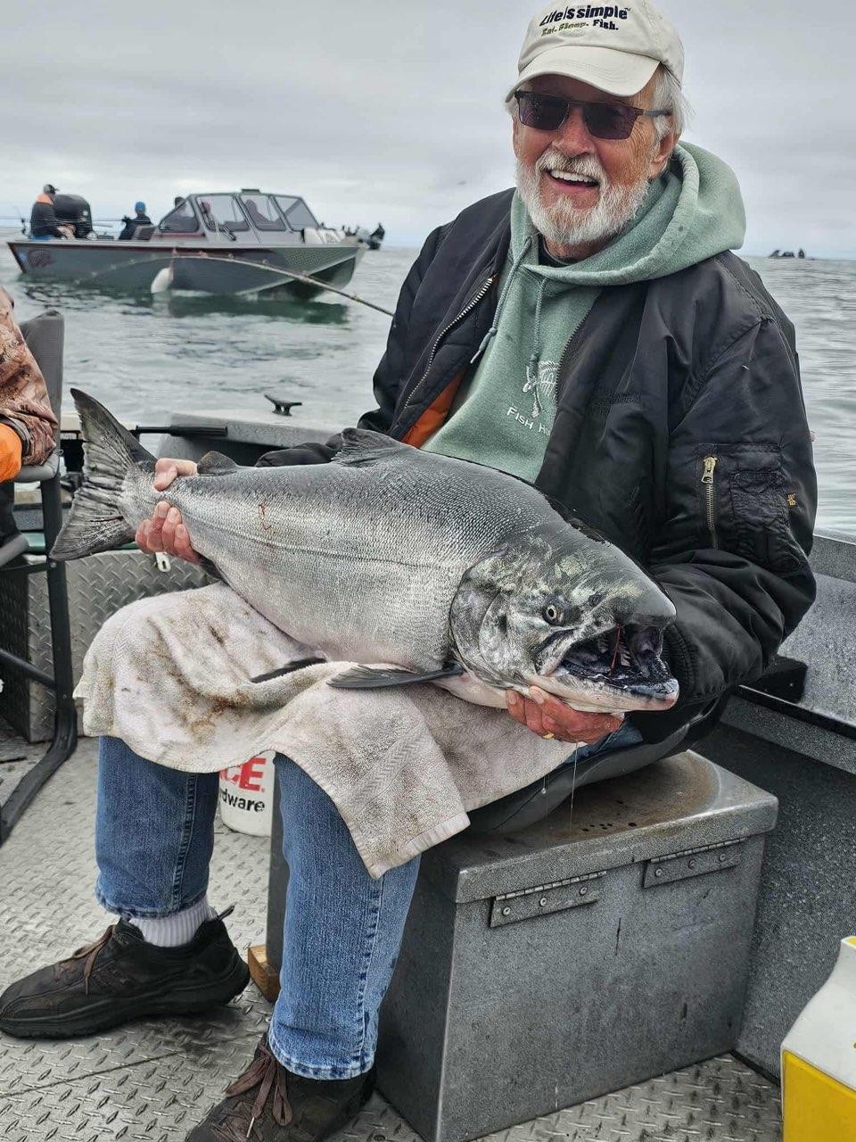 Large Chinook salmon catch displayed on fishing boat in Gold Beach Oregon
