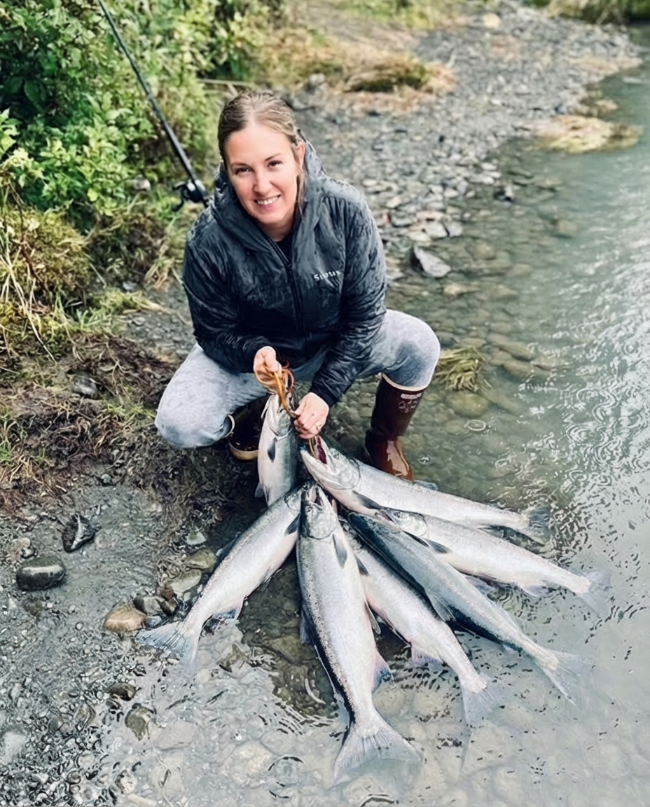Fresh caught Coho and Chinook salmon displayed by creek in Kenai Alaska