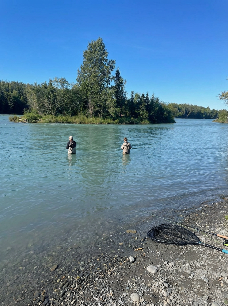 Two anglers wade fishing in clear water with forested shoreline and landing net on rocky beach in Kenai, Alaska