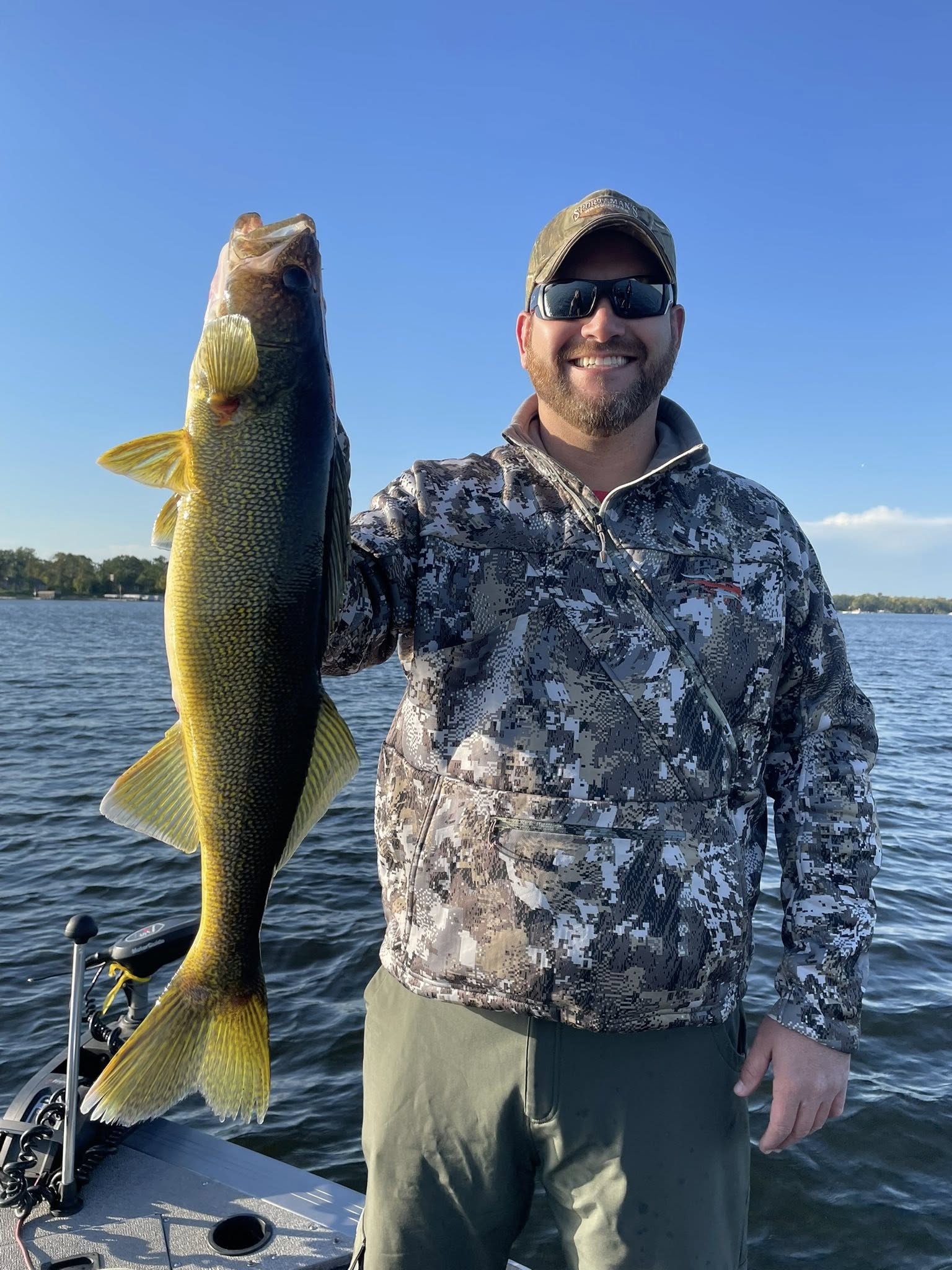 Freshly caught walleye being held up on fishing boat in Breezy Point Minnesota waters