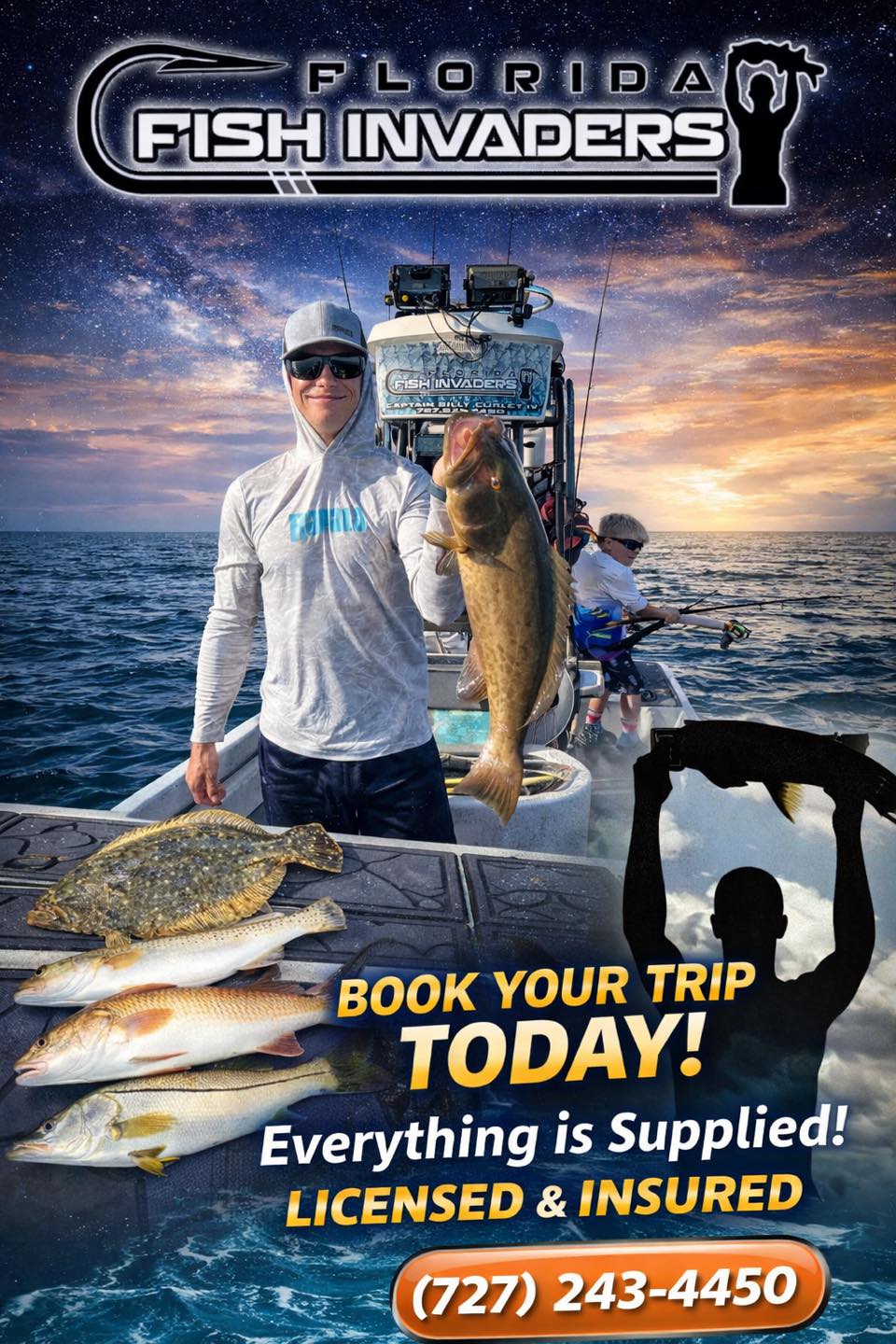Fresh caught gag grouper, snook, and summer flounder displayed on fishing boat deck in Hudson FL waters
