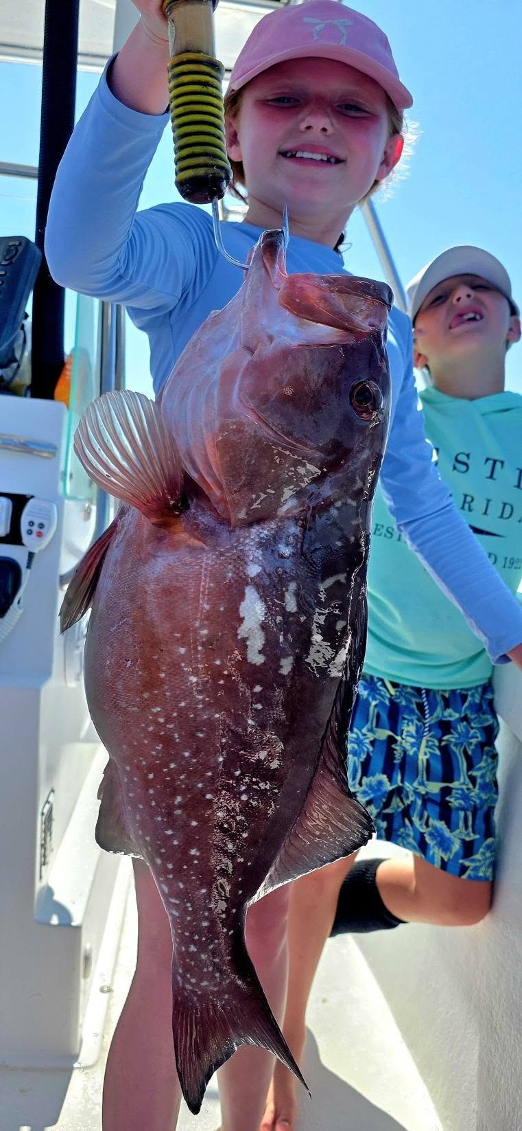 Red grouper catch displayed on fishing boat in Destin FL