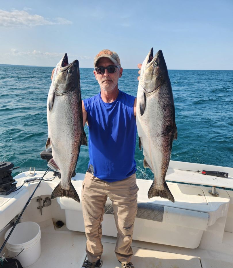 Two pink salmon and chinook salmon caught while fishing in Milwaukee