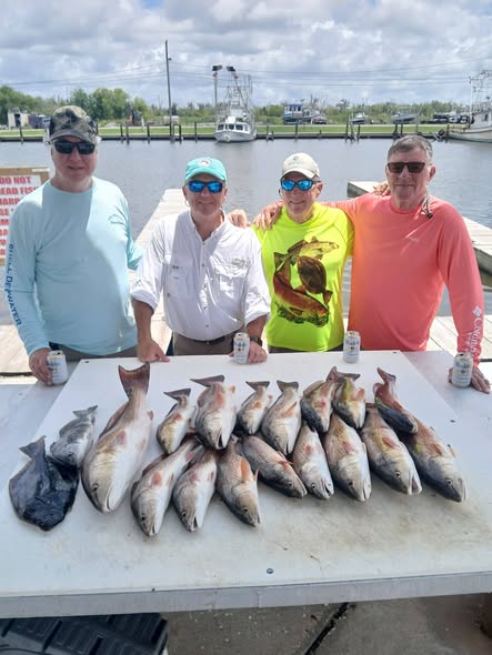 Fishing charter catch of redfish and other species displayed on cleaning table in Barataria LA